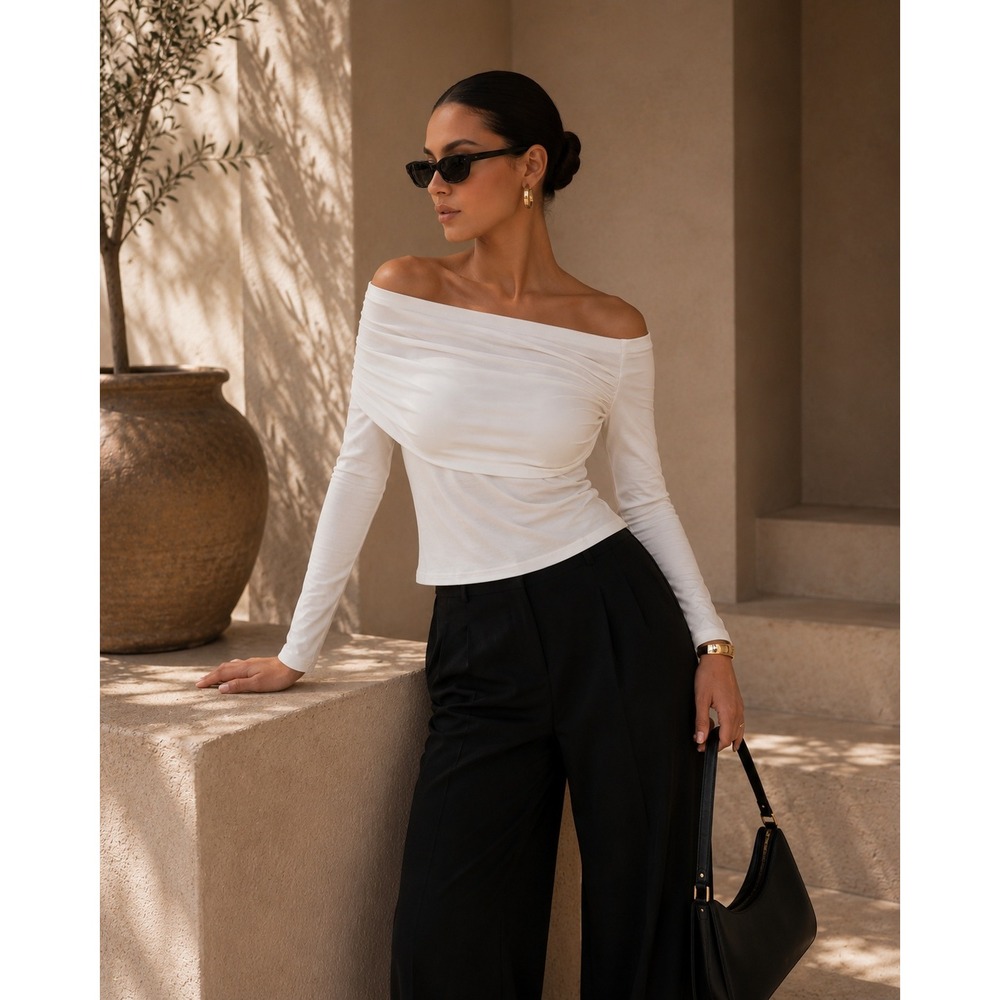 Commense White Off Shoulder Ruched Long Sleeve Draped Top Size M